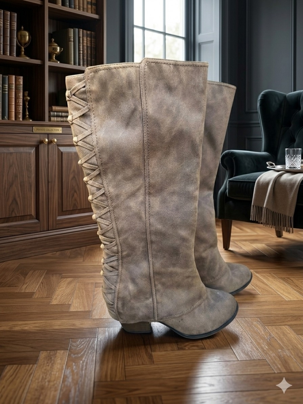 Fergalicious Taupe Over-the-Knee Lace-Back Boots